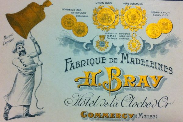 Etiquette de boite de madeleines H. Bray htel de la cloche d'or  Commercy, vers 1930